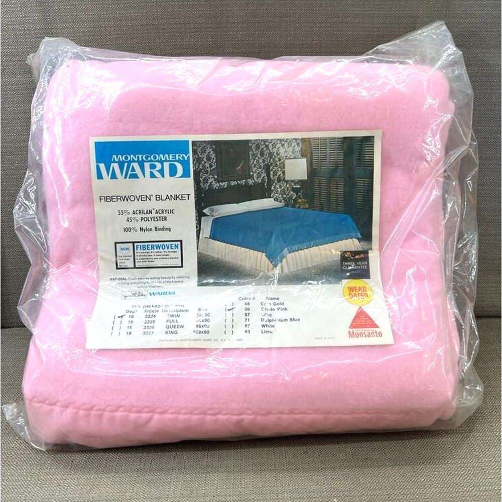 Vintage Montgomery Ward Pink Acrylic Blanket Twin NOS 1970s Fiberwoven